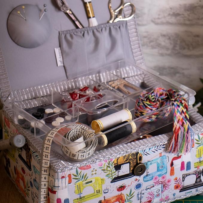 Hobby Gift Medium Sewing Box Organiser, Fabric Covered Storage Box with Handle, Internal Tray, Pin Cushion and Pocket for Sewing, Quilting and Knitting Supplies - Image 9