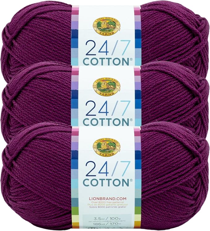 Lion Brand 24/7 Cotton Yarn, Yarn for Knitting, Crocheting, and Crafts, Beets, 3 Pack | Light Worsted 100% Mercerized Cotton Yarn for Crochet, Knitting, Craft, 185 Yards of Natural Fiber for Tees, Bags, Dishcloths by LionBrandYarn