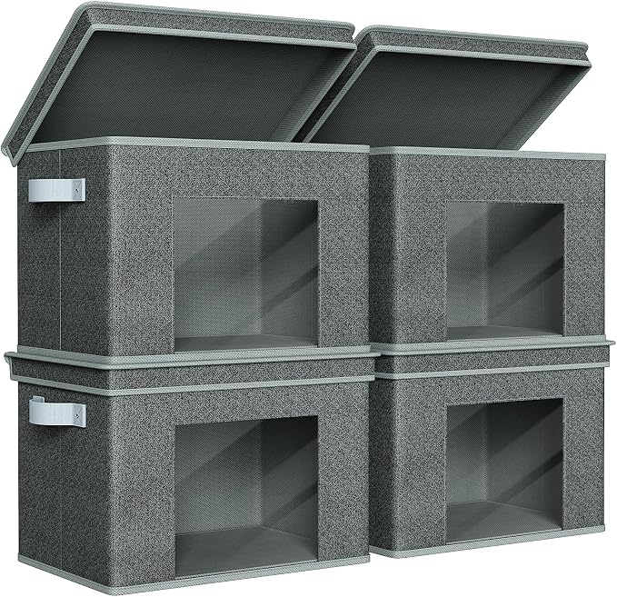 Univivi Fabric Storage Bins with Lids for Closet, 4 Pack, Black | Large Foldable Storage Boxes, Sturdy Collapsible Storage Bins with Clear Window, Storage Bins for Home, Closet, Shelves by Univivi
