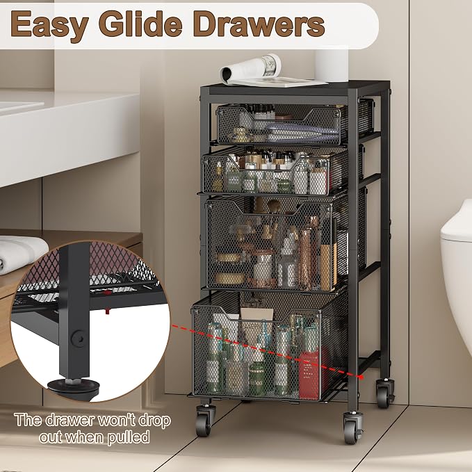 Rolling Storage Cart with Drawers, Under Desk Storage with Wooden Tabletop & Lockable Wheels, 4-Tier Storage Drawers for Bathroom, Craft, Office, Black - Image 6