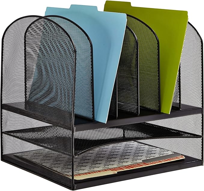 Safco Onyx Desk Organizer, 6 Vertical Compartments and 2 Trays, Office and Classroom Mailbox , Paper and Mail Sorter, Steel Mesh, Black - Image 2