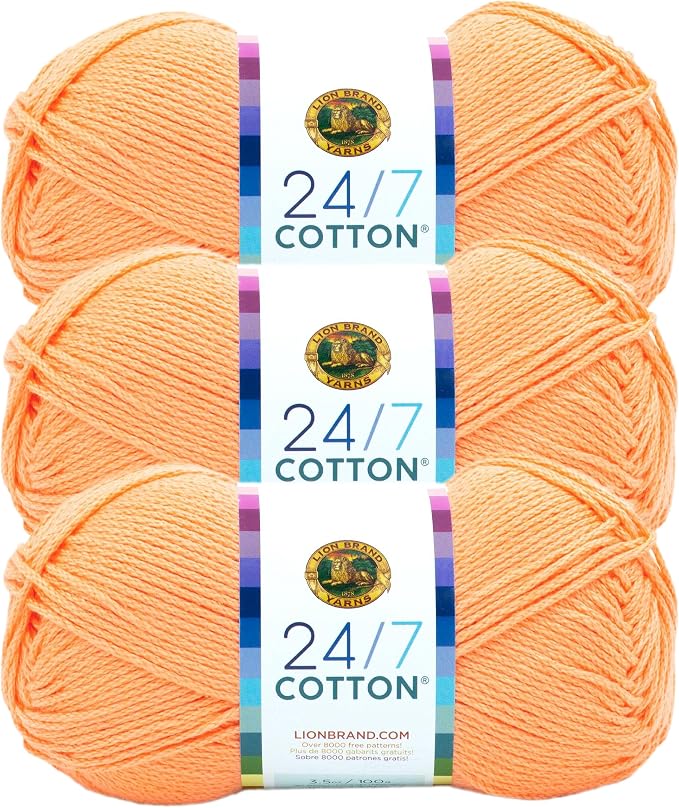 Lion Brand 24/7 Cotton Yarn, Yarn for Knitting, Crocheting, and Crafts, Creamsicle, 3 Pack | Light Worsted 100% Mercerized Cotton Yarn for Crochet, Knitting, Craft, 185 Yards of Natural Fiber for Tees, Bags, Dishcloths by LionBrandYarn