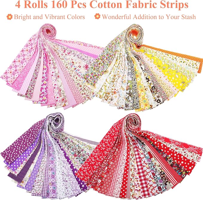 SmoothNovelty 160 Pcs 4 Rolls Fabric Strips, 2.44" x 39.3" Precut Quilting Roll, Cotton Strips Bundle for Quilting, Sewing, Crafting, Patchwork, Blanket, Rug, Upholstery(Cute Style) - Image 2