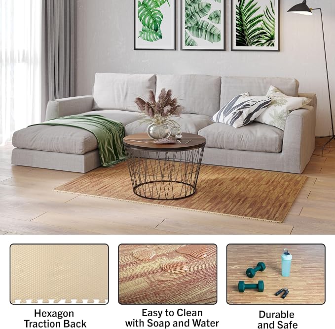EVA Foam Floor Tiles 12-Pack - 48 SQFT Woodgrain Puzzle Mats for Floor - Interlocking Foam Tiles for Family Room or Gym Flooring by Stalwart (Light) - Image 4