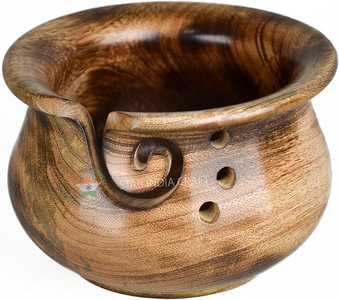 Handmade Rosewood Yarn Storage Bowl for Knitting & Crocheting by STAR INDIA CRAFT | A Perfect Yarn Storage Bowl for Yarn Winder & Crochet Hook Accessories Holder (6 x 4", Light Curvy) by STARINDIACRAFT