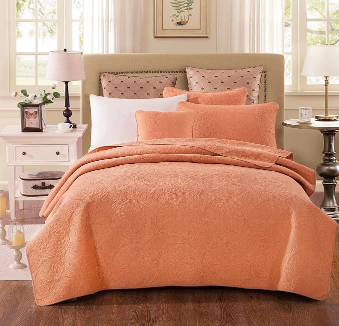 Tache Home Fashion VEJHW-595-CK Tuscany Sunrise Solid Floral Bedspread Set, Orange, California King by TacheHomeFashion