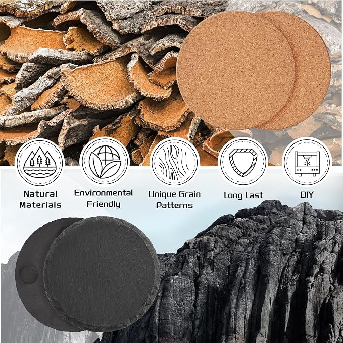 100PCS Round Slate and Cork Drink Coasters Bulk for Laser Engraving | 4 Inch Natural Blank Black Stone, Cork Coasters, 50PCS Each, Engravable Materials for Beginners, Gifts, Wedding, Crafts, DIY - Image 3