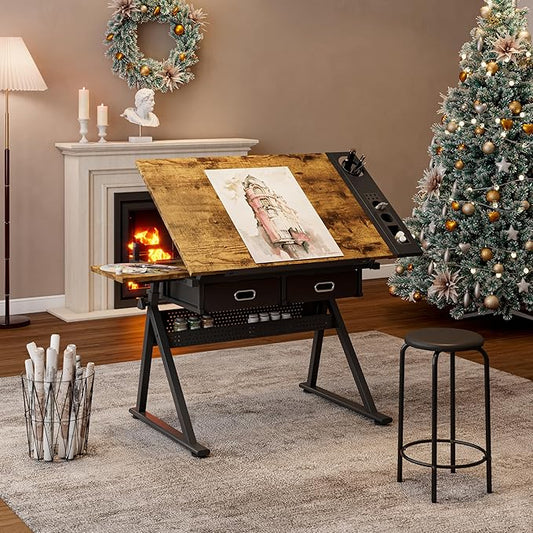 Drafting Table with Stool Height Adjustable Art Craft Desk with Storage, Tilting MDF Tabletop, Expansion Board, Drawing Table for Home Office, Artists, Painters (Rustic Brown)