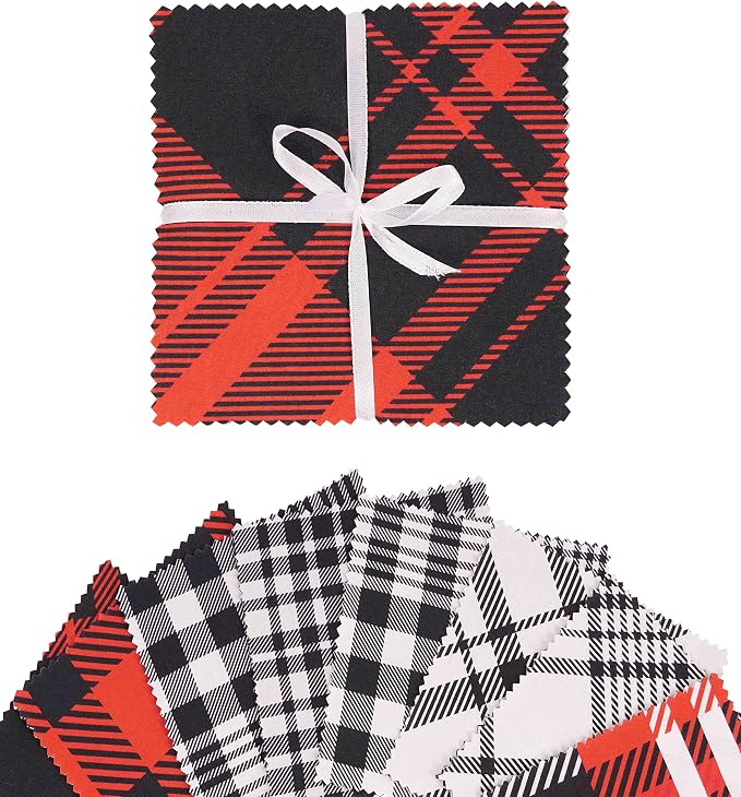 Soimoi Tartan Print Precut 5-inch Cotton Fabric Quilting Squares Charm Pack DIY Patchwork Sewing Craft- Magenta & Black by Soimoi