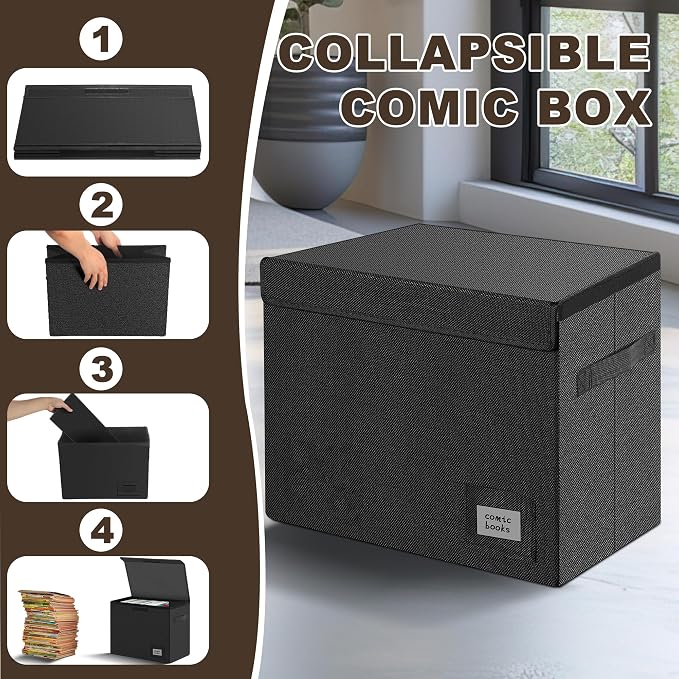 Leffis 5 Pack Comic Book Storage, Collapsible and Stackable Comic Short Box | Moistureproof Comic Box with Lid and Label Slot 15.5" X 7.5" X 11.3" Holds 150 Comics(Black) - Image 5