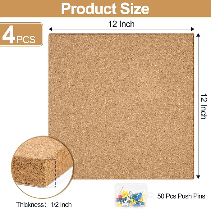12"x12" Cork Board Tiles, 4 Pack Adhesive Square Bulletin Boards for Walls | 1/2" Thick High Density Frameless Cork Tiles, Small Cork Sheet with 50 Push Pins, Corkboard for Wall Decor Office Home School - Image 2
