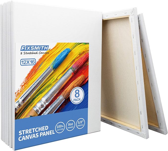 Stretched White Blank Canvas - 12 x 16 Inch, Bulk Pack of 8, Primed, 100% Cotton, 5/8 Inch Profile of Super Value Pack for Acrylics,Oils & Other Painting Media. by FIXSMITH
