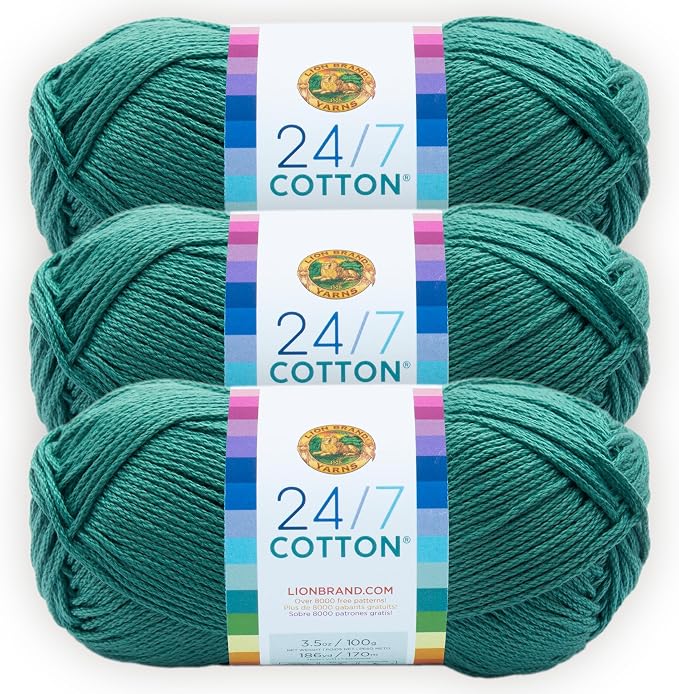 Lion Brand Yarn, 24/7 Cotton Yarn, Jade, Green, 3 Pack | Light Worsted 100% Mercerized Cotton Yarn for Crochet, Knitting, Craft, 185 Yards of Natural Fiber for Tees, Bags, Dishcloths by LionBrandYarn