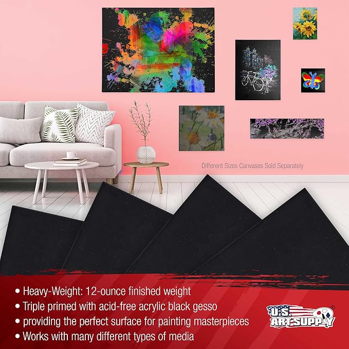 U.S. Art Supply 16x16 inch Black Canvases for Painting, 4 Pack Bulk Stretched Artist Canvas Professional Primed - Ideal for Arts & Crafts, Heavy-Weight Gesso - Acrylic Pouring, Oil Paint - Image 4