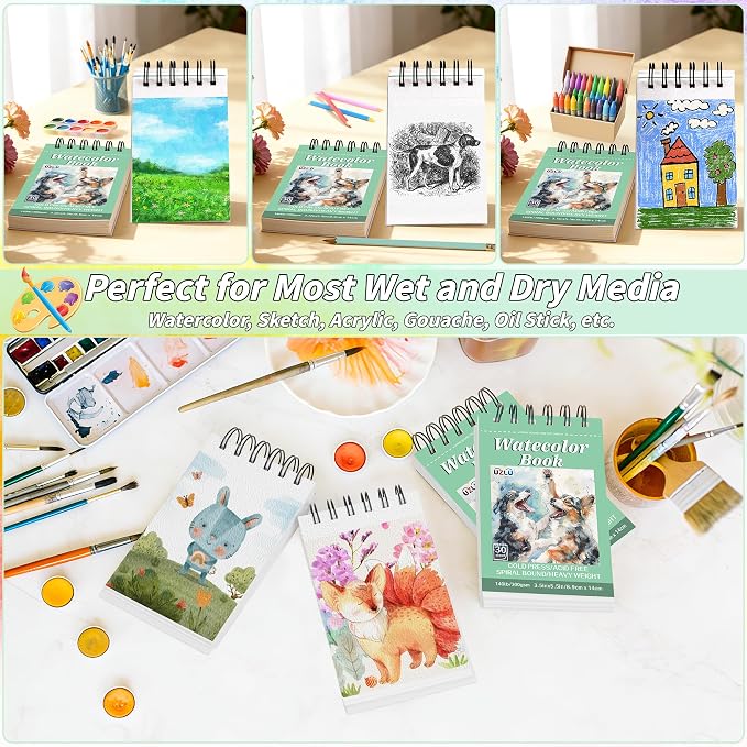 6 Pack Watercolor Paper Pad, 3.5x5.5 Inch Water Color Paper, 140lb/300gsm, Cold Press, Acid-Free, 180 Sheets Spiral Bound Watercolor Paper Pad for Wet & Dry Media, Ideal for Adults, Artists - Image 5