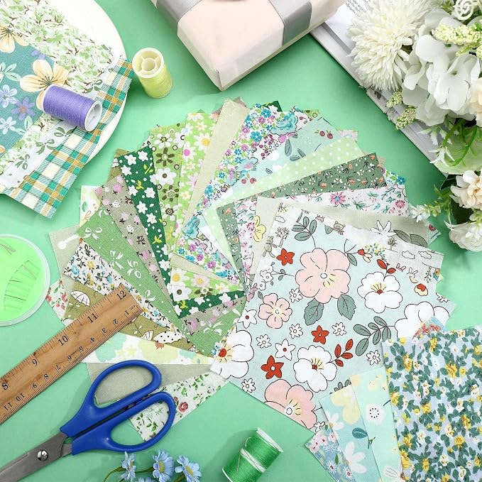 Kinlop 600 Pcs 5 x 5 Inch Floral Charm Packs for Quilting Green Flower Cotton Fabric Square Bulk Precut Fabric Squares Strips Printed Green Floral Patchwork for DIY Craft Sewing Accessory - Image 5