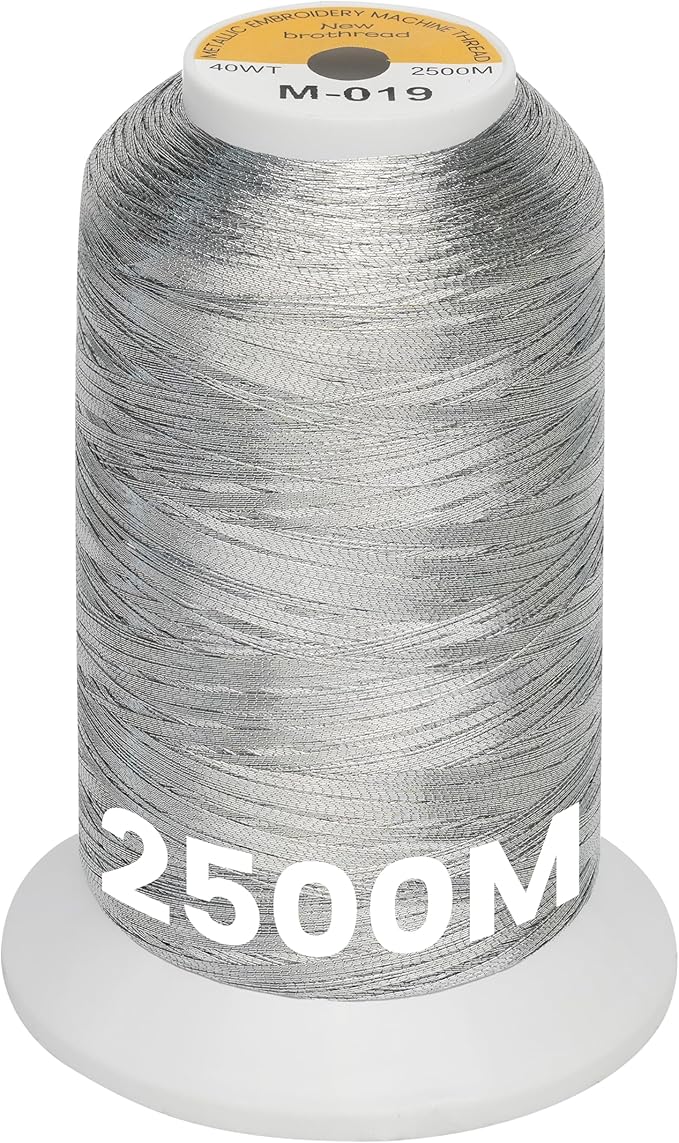 New brothread Metallic Embroidery Machine Thread - Silver M-019 | Single Huge Spool, 2500M (2735Y) Each, for Commercial and Domestic Embroidery Machines by Newbrothread
