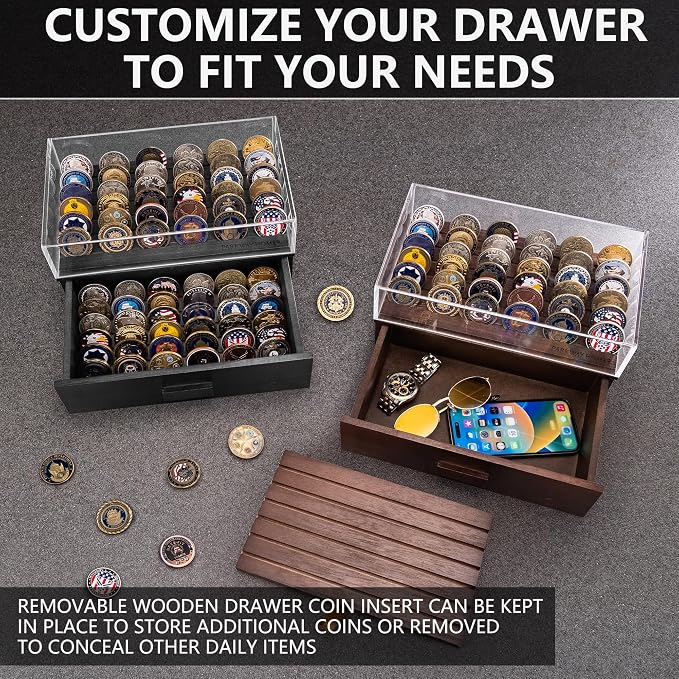 Large Black Wooden Challenge Coin Display Case with Clear Cover - Military Coin Display Case Holds 36 Coins on Top & 36 in The Storage Drawer - Versatile Coin Stand Holder & Poker Chip Display Case - Image 2