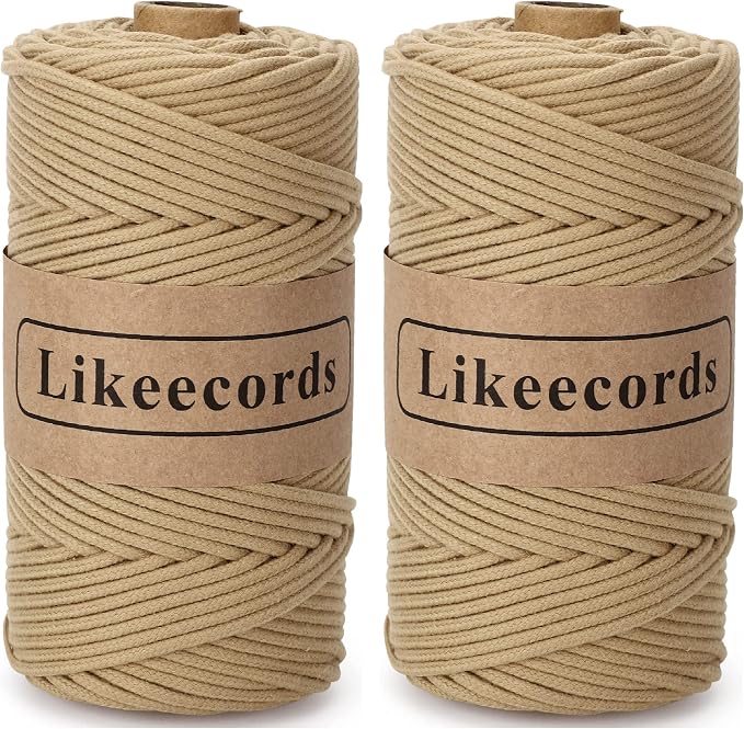 Likeecords 2 Skeins Braided Macrame Cord 3mm x 100m, Macrame Rope, Colorful Cotton Craft Cord for Bag, Plant Hangers, Crafts, Knitting (Light Khaki) by Likeecords