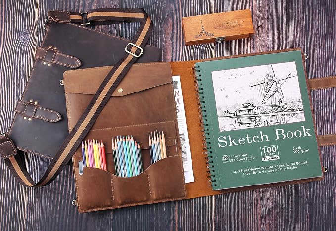 Robrasim Handmade Leather Sketchbook Cover, Artist Sketch Pad Holder for 11"X14" Sketchbook, Drawing Book and Pencil Case, Journal Notebook Portfolio with Shoulder Strap, Artist Gifts, Brown - Image 6