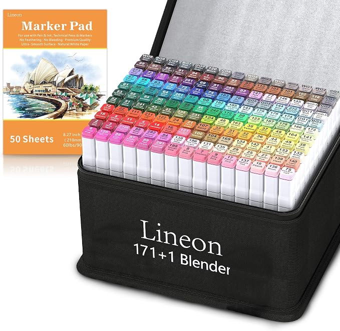 Lineon 172 Colors Alcohol Based Dual Tip Art Markers, 171+1 Blender Permanent Marker Pens Plus 1 Marker Pad 1 Case Perfect for Kids Adult Artist Coloring Books Drawing Sketching and Card Making by ShuttleArt