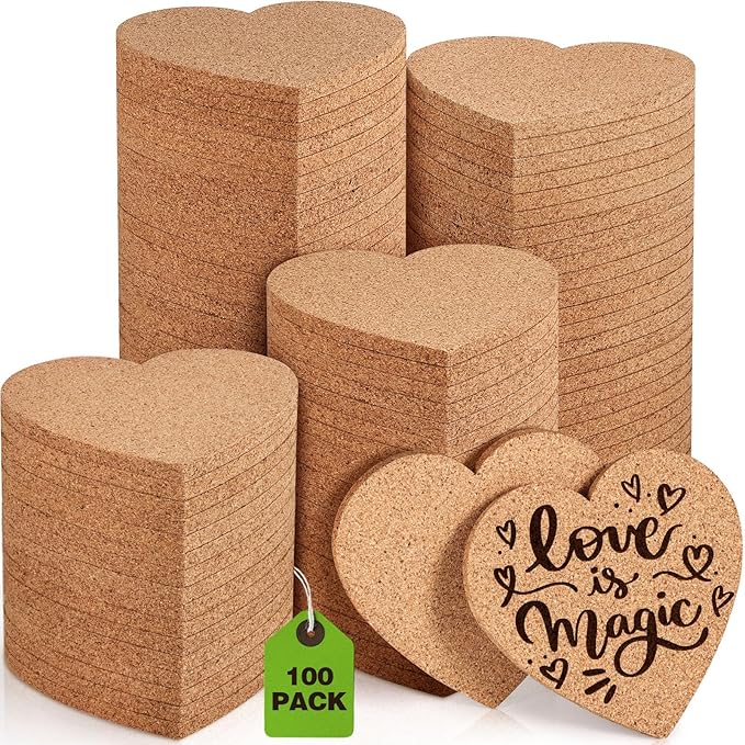 100 PCS Cork Coasters for Laser Engraving, Thick Absorbent Blank Coasters | 4 Inch Heat Resistant Coffee Table Coaster Bulk Plant Saucers Home Decor for Wood Burning, DIY Crafts, Wedding, Party, Heart by GOHDODD