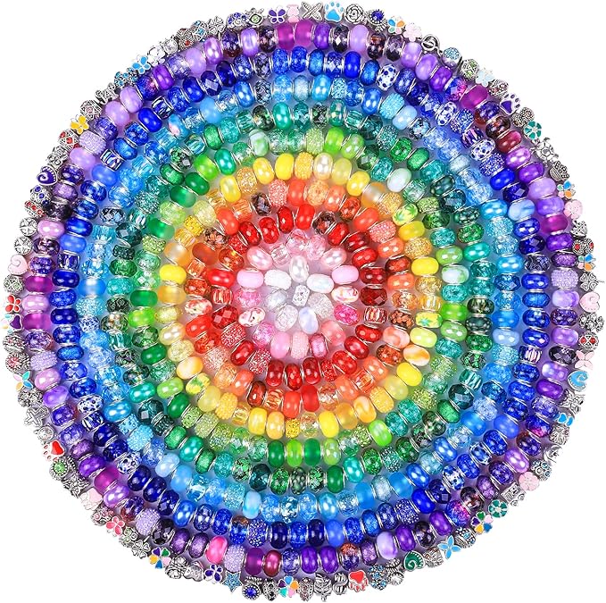 Aipridy 210 Pcs Large Hole European Beads, Craft Supplies Kit, Assorted Mixed Color Lampwork Spacer Beads for DIY Bracelet Jewelry Making (210, Mixed Pack by Style) by AIPRIDY