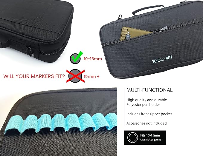 TOOLI-ART Marker & Pen Carrying Case -120 Slots, Canvas, Extra Pockets, Trolley Sleeve, Removable Shoulder Strap, For Most Markers (up to 15mm Diameter), Lipstick, Etc. Black - Image 3