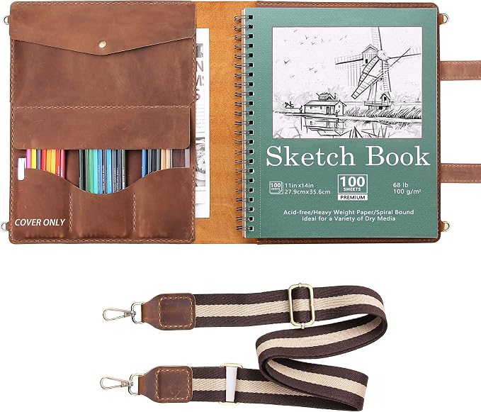 Robrasim Handmade Leather Sketchbook Cover, Artist Sketch Pad Holder for 11"X14" Sketchbook, Drawing Book and Pencil Case, Journal Notebook Portfolio with Shoulder Strap, Artist Gifts, Brown by Robrasim