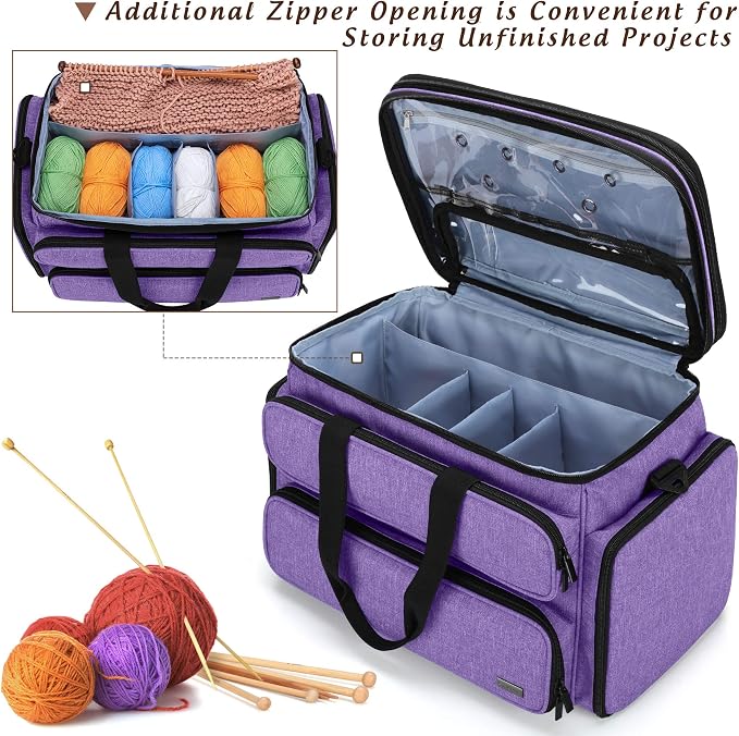 Yarwo Large Crochet Bag Knitting Tote, Yarn Storage Bag with Shoulder Strap | Organizer for Knitting Needles & Crochet Hook(Up to 14”), Clear Top Lid, Unfinished Project Compartment, 4 Yarn Holes, Purple - Image 2