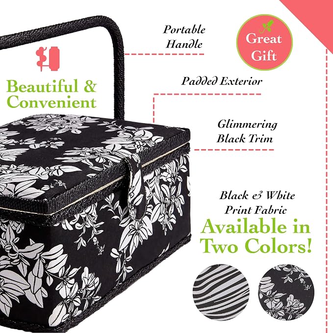 Sewing Basket with Zebra Design - Sewing Kit Storage Box with Removable Tray, Built-in Pin Cushion and Interior Pocket - by Adolfo Design (Medium - 11" x 7" x 5.5", Zebra) - Image 3