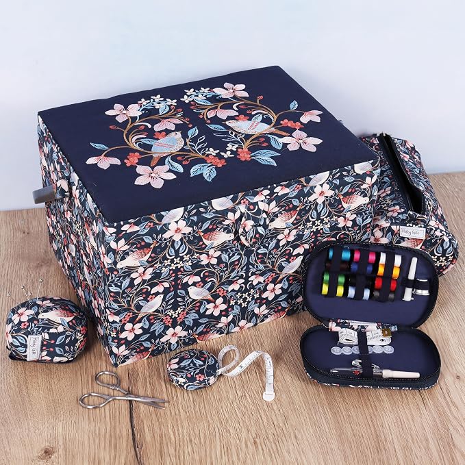 Hobby Gift Large sewing box - Birds in flowers made of embroidered cotton fabric with plastic handle, hard plastic inner tray with compartments, pin holder 23.5x31x20cm - Image 6