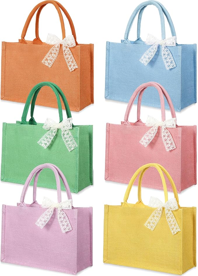 Burlap Tote Bag Mini Jute Reusable Bag with Handle Ribbon Small Blank Canvas Waterproof for Wedding Beach DIY Gift by Cunno