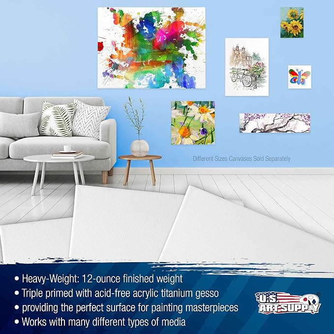 U.S. Art Supply 20 x 20 inch Stretched Canvas 12-Ounce Triple Primed, 3-Pack - Professional Artist Quality White Blank 3/4" Profile, 100% Cotton, Heavy-Weight Gesso - Acrylic Pouring, Oil Painting - Image 4