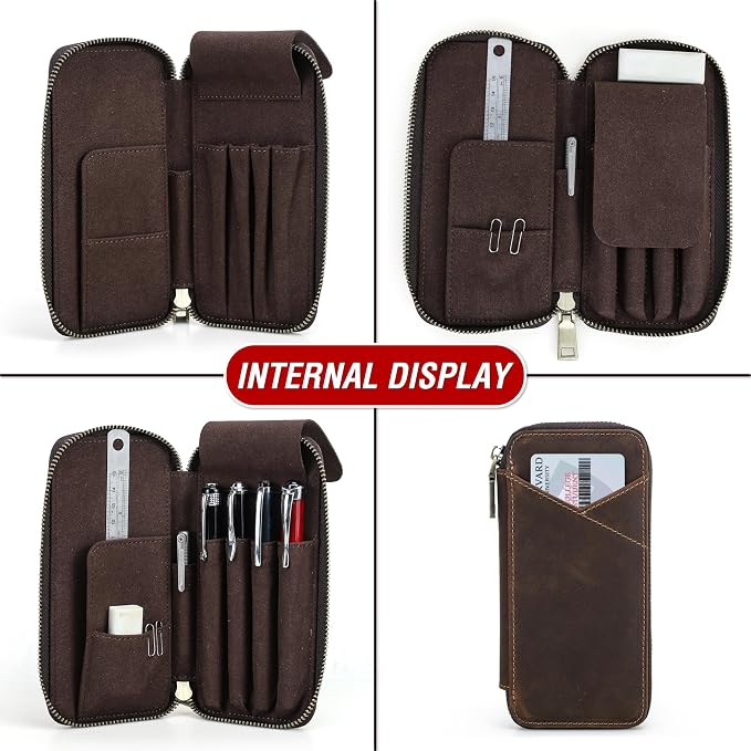 Top Grain Genuine Leather 4 Fountain Pen/Pencil Case Pouch, Handmade Minimalist Design, Zipper Closure with Multi-Function & Slots, Gift Choice for Man/Woman/Office, Matte Coffee, 4 Slots - Image 8