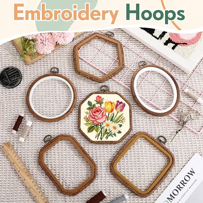 Qunclay 6 Pcs Large Embroidery Hoop Frame Decorative Imitated Wood Display Frame Circle Oval Octagonal Cross Stitch Hoop Ring for DIY Sewing Craft and Hanging Ornaments Decor (Original) - Image 7