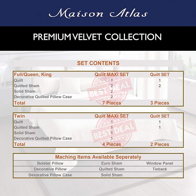 Velvet Quilt Maxi Set, Seven Pieces Ensemble, Jewel Premium Heavy Velvet Collection, Cotton Backing, Cotton Batting, Full/Queen, Burgundy - Image 5