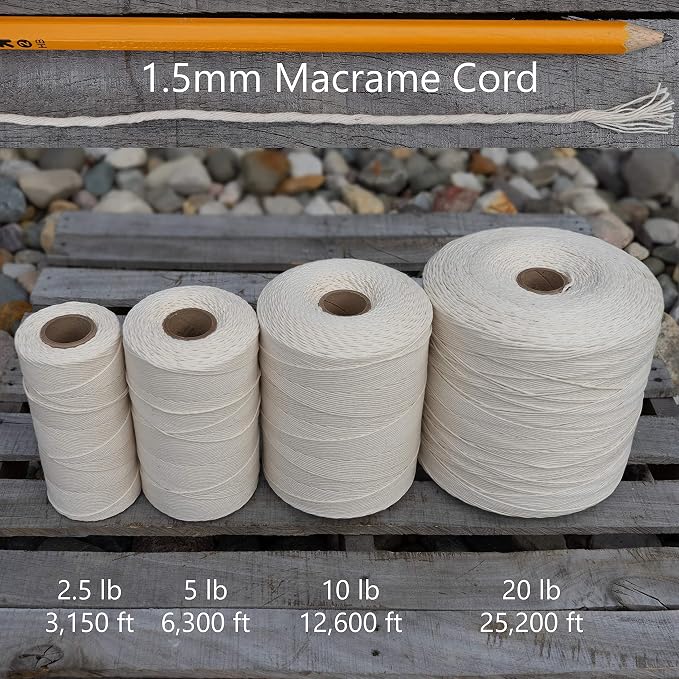 Bulk Macrame Cord | 100% Natural, Unbleached Cotton | Single Twist | Soft | Made in USA (1.5 mm x 5 lb Cone) - Image 4
