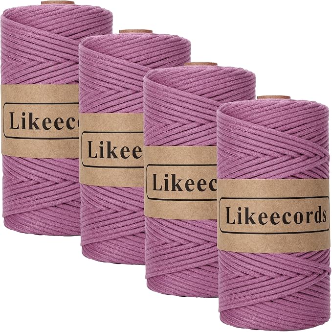 Likeecords 4 Skeins Braided Macrame Cotton Cord 3mm x 100m, Macrame Rope for Crafts, Knitting, Wall Hanging, Plant Hangers (Purple) by Likeecords