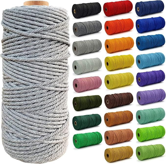 Macrame Cord - Natural Unbleached Macrame Rope - 4 Strand Twisted Cotton Rope for Wall Hanging，DIY Craft Making，Plant Hangers，Knotting Decorative Projects (3mm x 220Yards, White Grey) by FocusoncottonHdviai