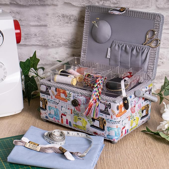 Hobby Gift Medium Sewing Box Organiser, Fabric Covered Storage Box with Handle, Internal Tray, Pin Cushion and Pocket for Sewing, Quilting and Knitting Supplies - Image 7
