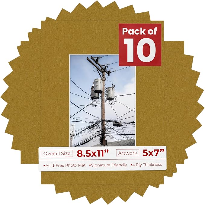 5x7 Mat for 8.5x11 Frame - Precut Mat Board Acid-Free Show Kit with Backing Board, and Clear Bags Metallic Gold 5x7 Photo Matte Made to Fit a 8.5x11 Picture Frame Matboard for Framing, Pack of 10 Mats by PosterPalooza