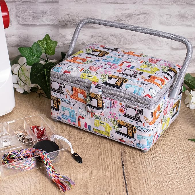 Hobby Gift Medium Sewing Box Organiser, Fabric Covered Storage Box with Handle, Internal Tray, Pin Cushion and Pocket for Sewing, Quilting and Knitting Supplies - Image 8