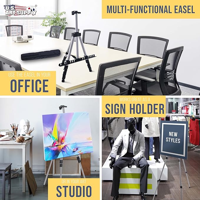 U.S. Art Supply 66" Silver Metal Tripod Easel Display - Adjustable 18"- 5.5', Holds 36" Canvas - Floor/Tabletop Easel Stand, for Sign Display, Painting, Poster Board, Canvas - Portable Bag - Image 5
