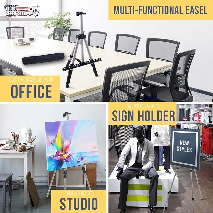 U.S. Art Supply 66" Silver Metal Tripod Easel Display (4 Pack) - Adjustable 18"- 5.5', Holds 36" Canvas - Floor/Tabletop Easel Stand, for Sign Display, Painting, Poster Board, Canvas - Portable Bag - Image 5