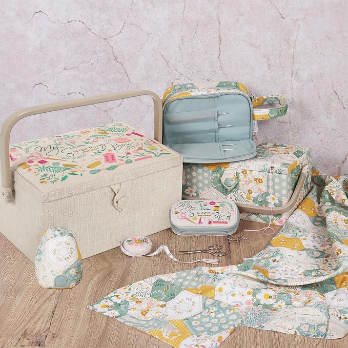 Hobby Gift Medium Sewing Box Organiser | Fabric Covered Storage Box, Handle, Internal Tray, Pin Cushion and Pocket, For Sewing, Quilting and Knitting Supplies - Image 5