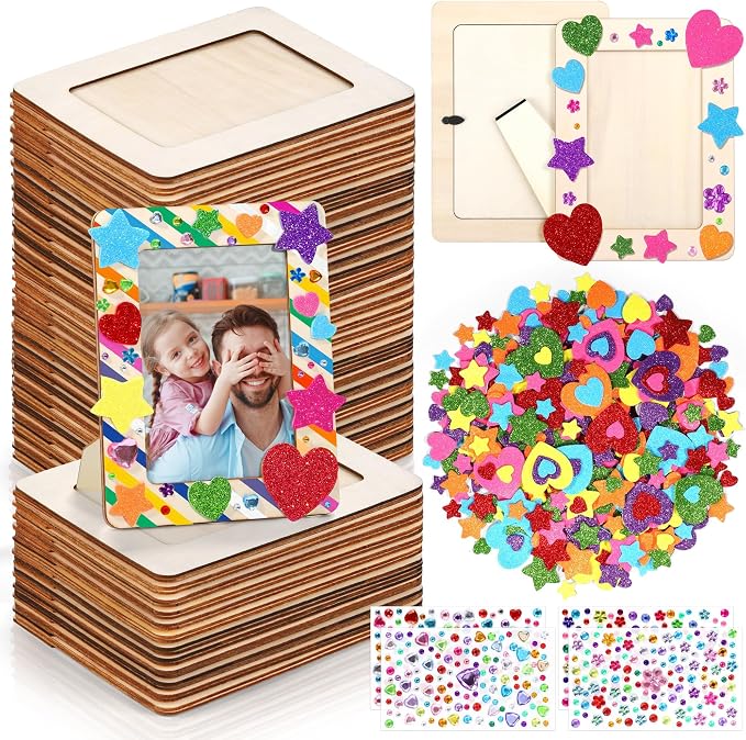 Aneco 48 Packs Picture Frame Painting Craft Kit for 4 x 6 Inch Photo DIY Unfinished Wooden Photo Frames with Diamond and Foam Stickers for DIY Crafts, Paint and Decorate by Aneco