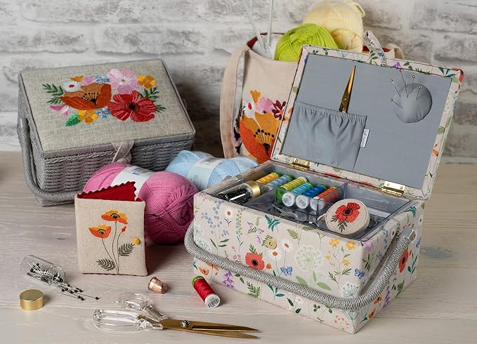 Hobby Gift Medium Sewing Box Organiser, Fabric Covered Storage Box with Handle, Internal Tray, Pin Cushion and Pocket for Sewing, Quilting and Knitting Supplies - Image 9