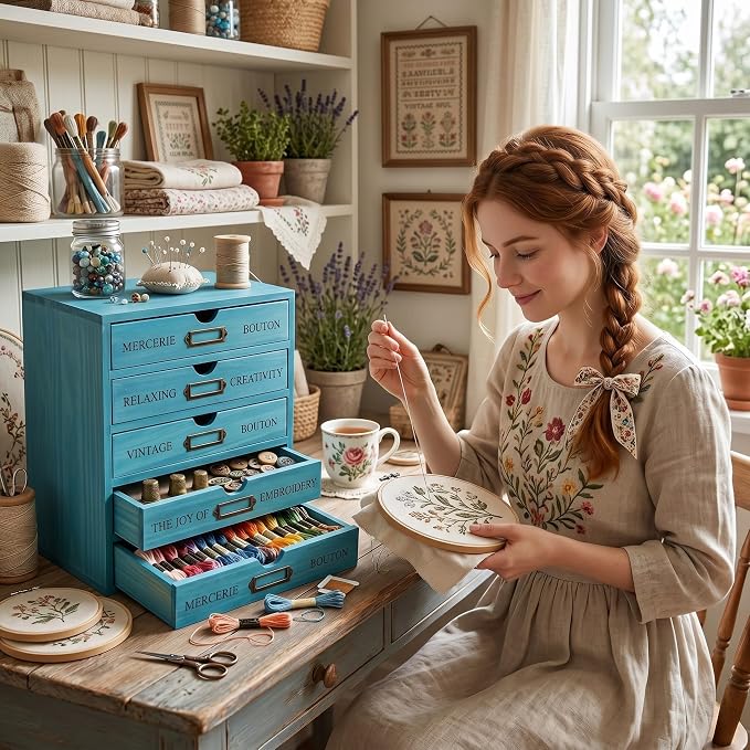 Wesiti Wooden Desk Organizer, 5 Drawers, Vintage Makeup Cabinet, Blue | Rustic Drawer Storage for Office, Home, Craft Room, Jewelry, Sewing Supplies, Apothecary Desktop Box, Pre-assembled Decor - Image 5