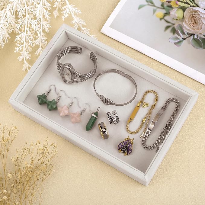 4pcs 9"x5.7" Velvet Jewelry Tray Jewelry Display Tray Stackable Plate Tray | Jewelry Organizer Trays for Earrings Necklaces Bracelet Rings Display Showcase - Beige - Image 5